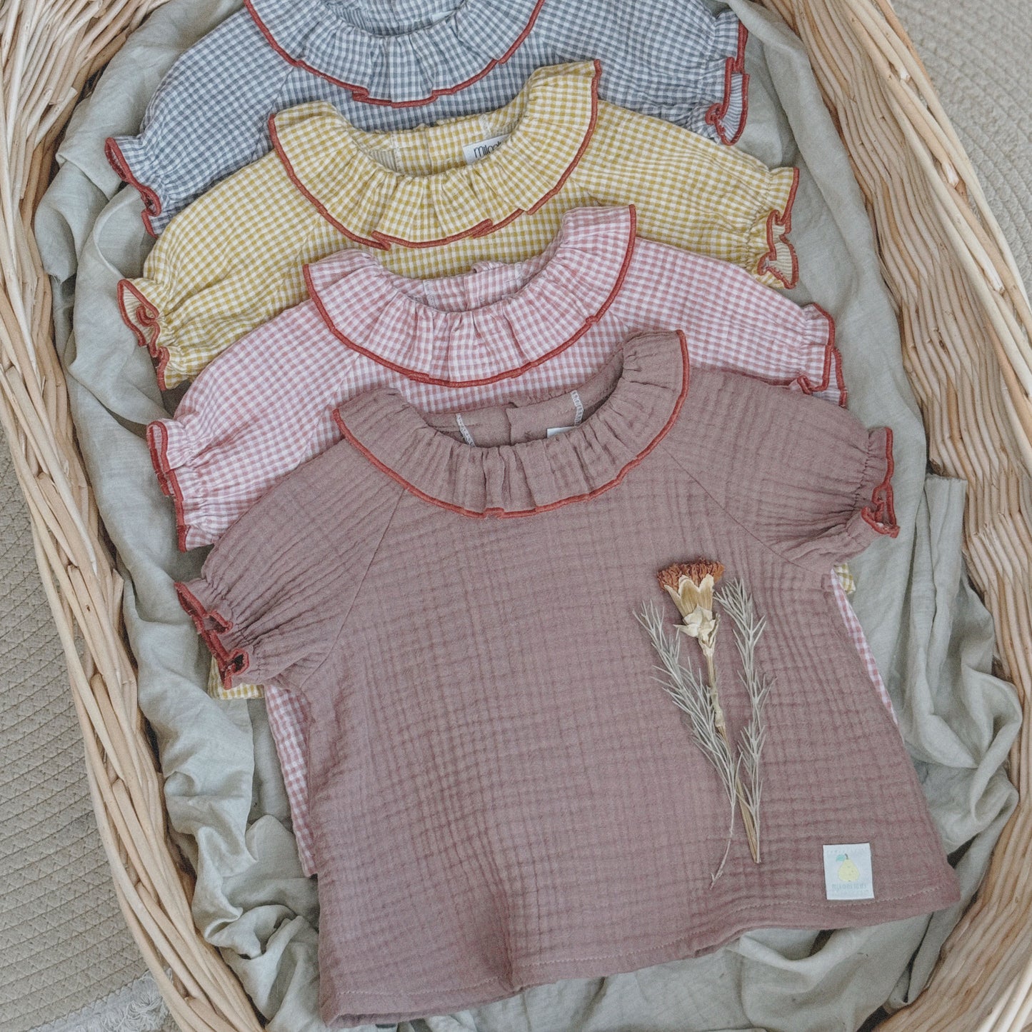 9M–6Y Ruffle Collar Gauze Top | Short & Long Sleeve Options | Customizable Hem Color