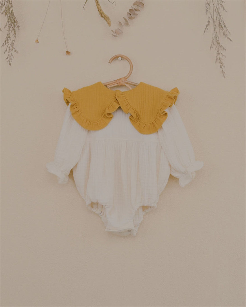 3M–24M Color-Block Cotton Gauze Romper | Mustard Collar & Cream Body