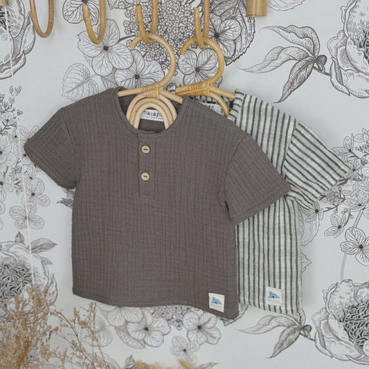 9M–6Y Boy’s Cotton Gauze Henley Top | Coconut Buttons & Relaxed Fit