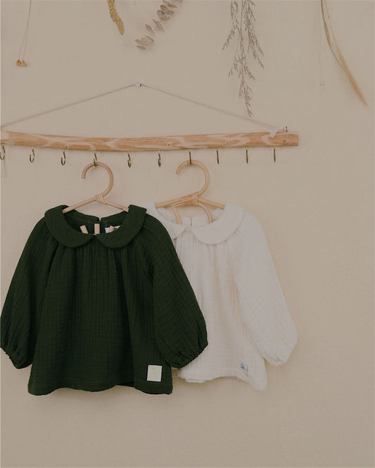 9M–6Y Cotton Gauze Blouse | Peter Pan Collar in Olive Green & Cream