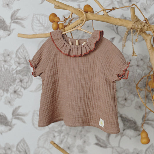 9M–6Y Ruffle Collar Gauze Top | Short & Long Sleeve Options | Customizable Hem Color