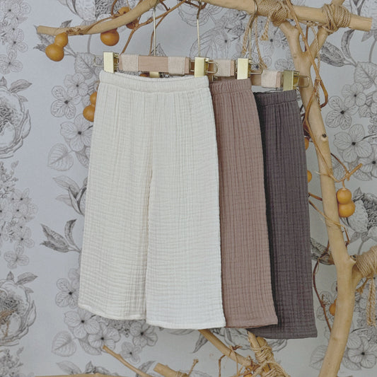 12M–6Y Unisex Cotton Gauze Wide-Leg Pants | Optional Elastic Cuffs