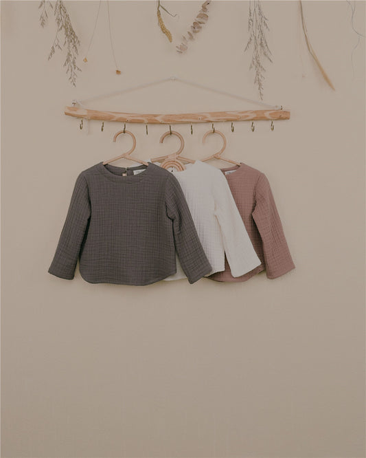 9M-6Y Minimalist Cotton Gauze Baby Top | Unique Curved Hem and Eco-Friendly Coconut Buttons