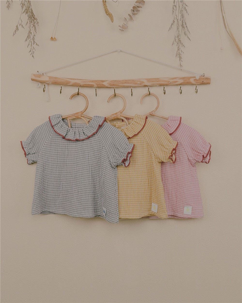 9M–6Y Gingham Ruffle Collar Short Sleeve Top | Customizable Trim for Summer Comfort