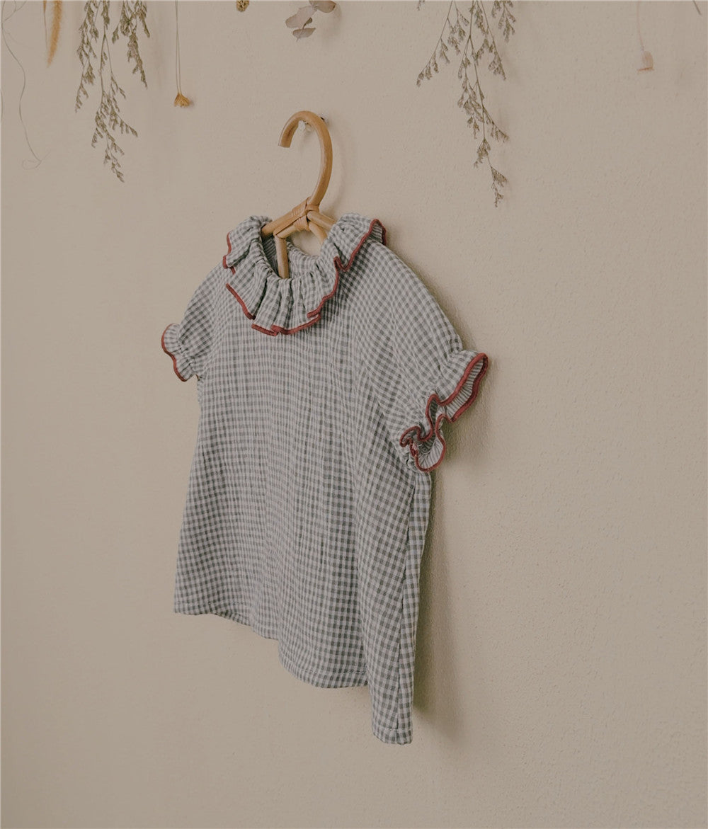 9M–6Y Gingham Ruffle Collar Short Sleeve Top | Customizable Trim for Summer Comfort
