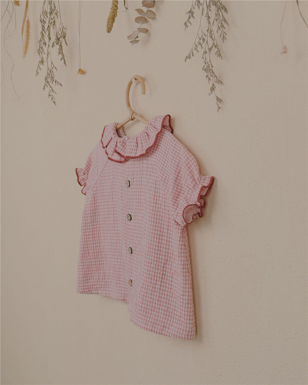 9M–6Y Gingham Ruffle Collar Short Sleeve Top | Customizable Trim for Summer Comfort