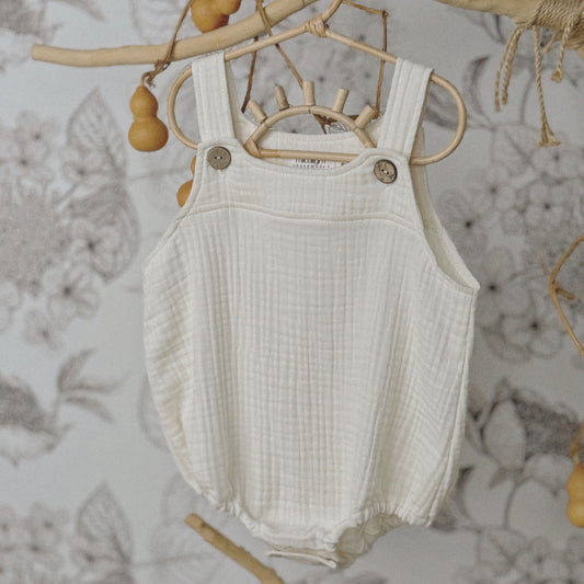 6M–3Y Baby Cotton Gauze Romper | Adjustable Layering Piece + Matching Bonnet Option